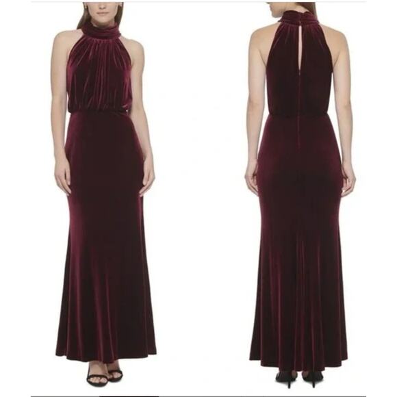 Eliza J Blouson Gown Womens 4 Wine Velvet Mock Neck Dress Glam Elegant Romantic - Picture 1 of 15